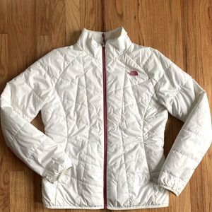 North Face micro puff jacket. White with hot pink trim